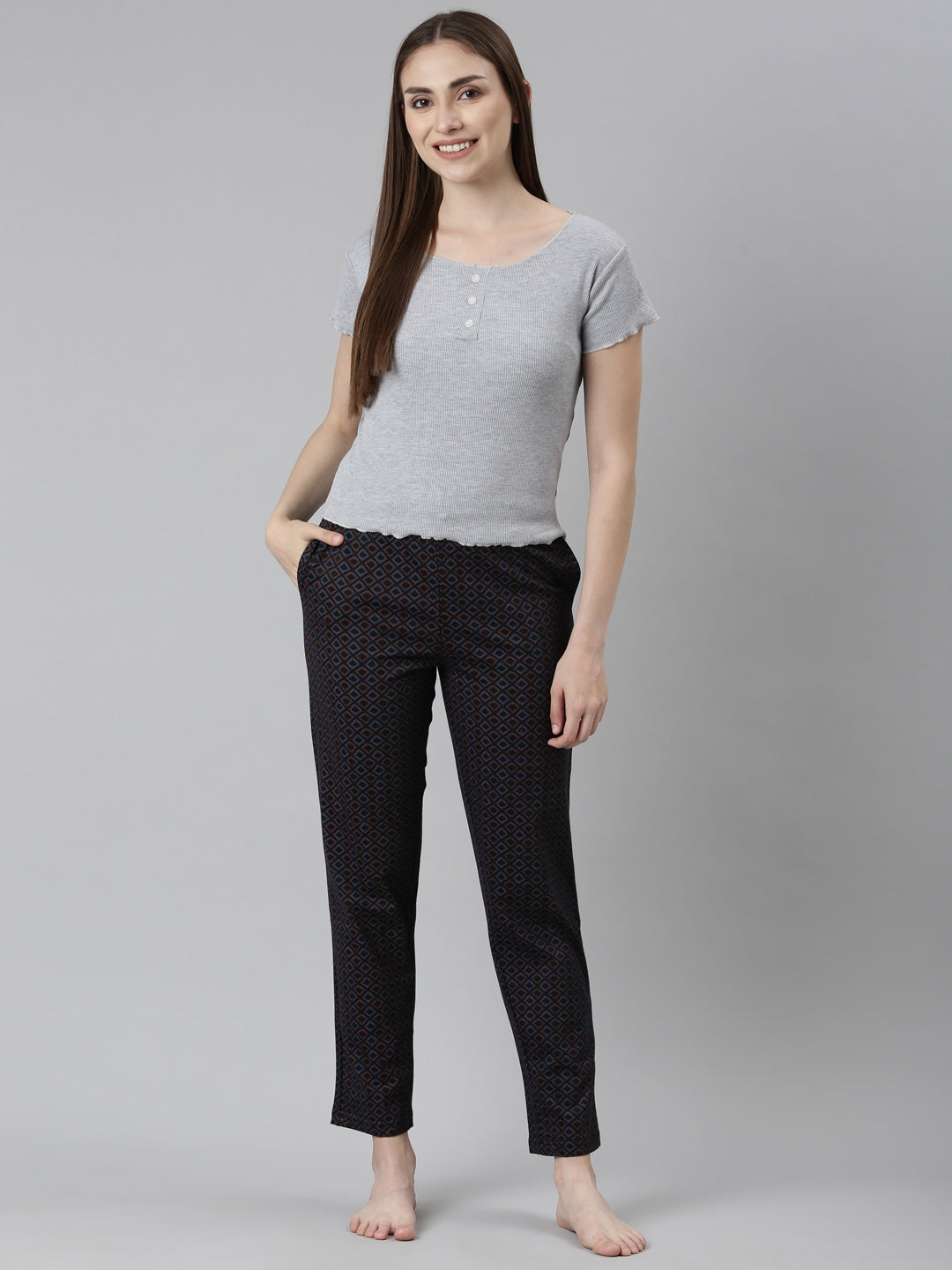 Women Printed Black Mid Rise Cotton Knit Lounge Pants