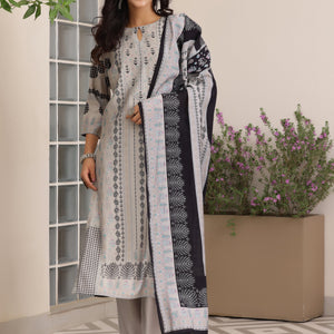 Grey Printed Silk Blend Straight Suit With Dupatta