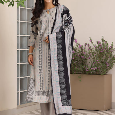 Grey Printed Silk Blend Straight Suit With Dupatta