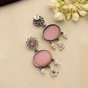 trueBrowns Silver Tone Pink Stone Dangle Earrings