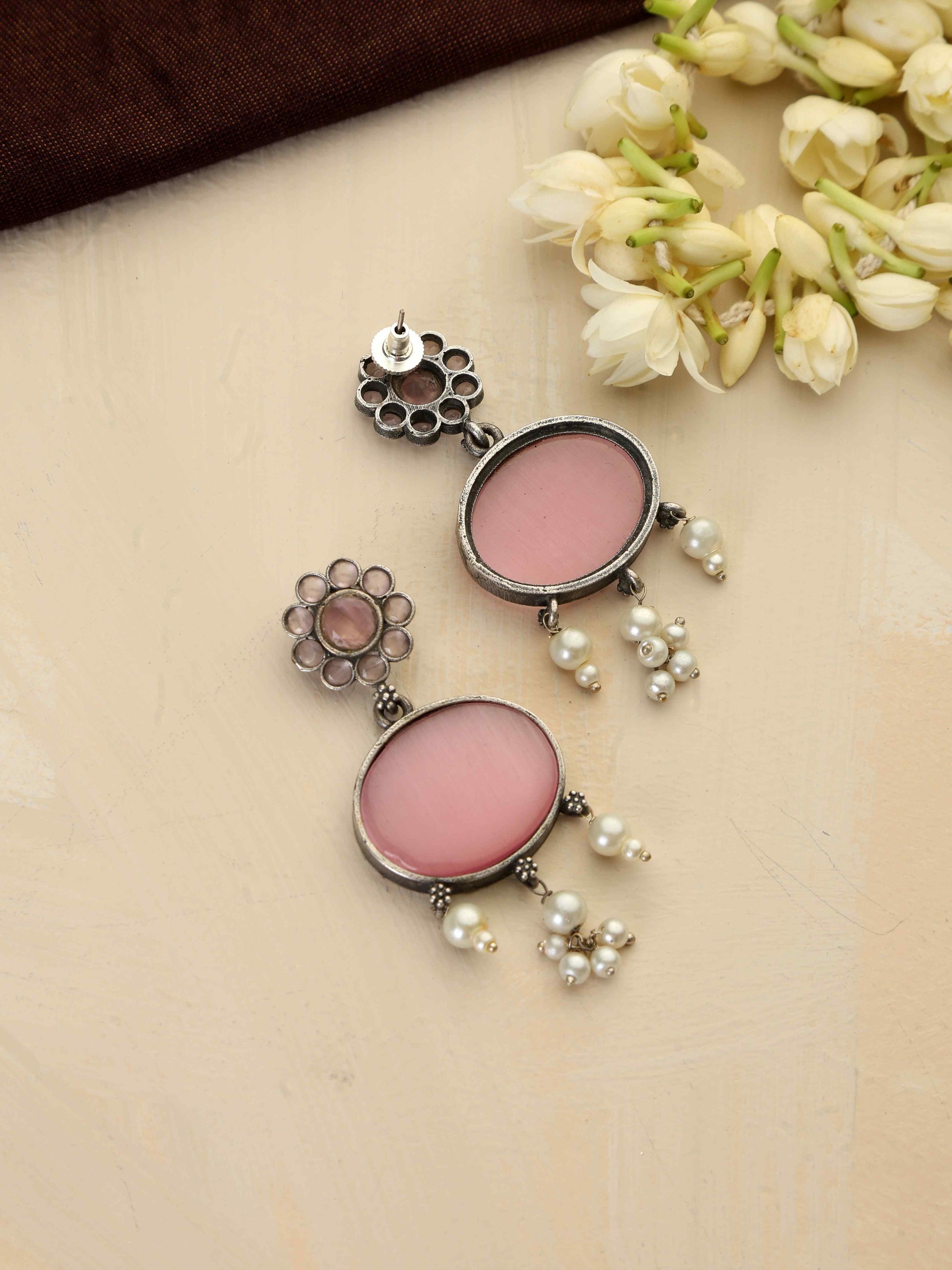 trueBrowns Silver Tone Pink Stone Dangle Earrings