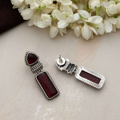 trueBrowns Silver tone Red Stone Drop Earrings