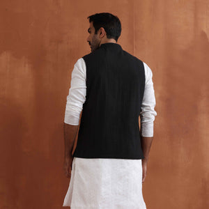 trueBrowns Men's Black Textured Cotton Dobby Nehru Jacket