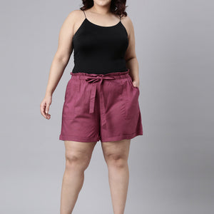 Women Solid Plum High Rise Linen Shorts