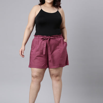 Women Solid Plum High Rise Linen Shorts