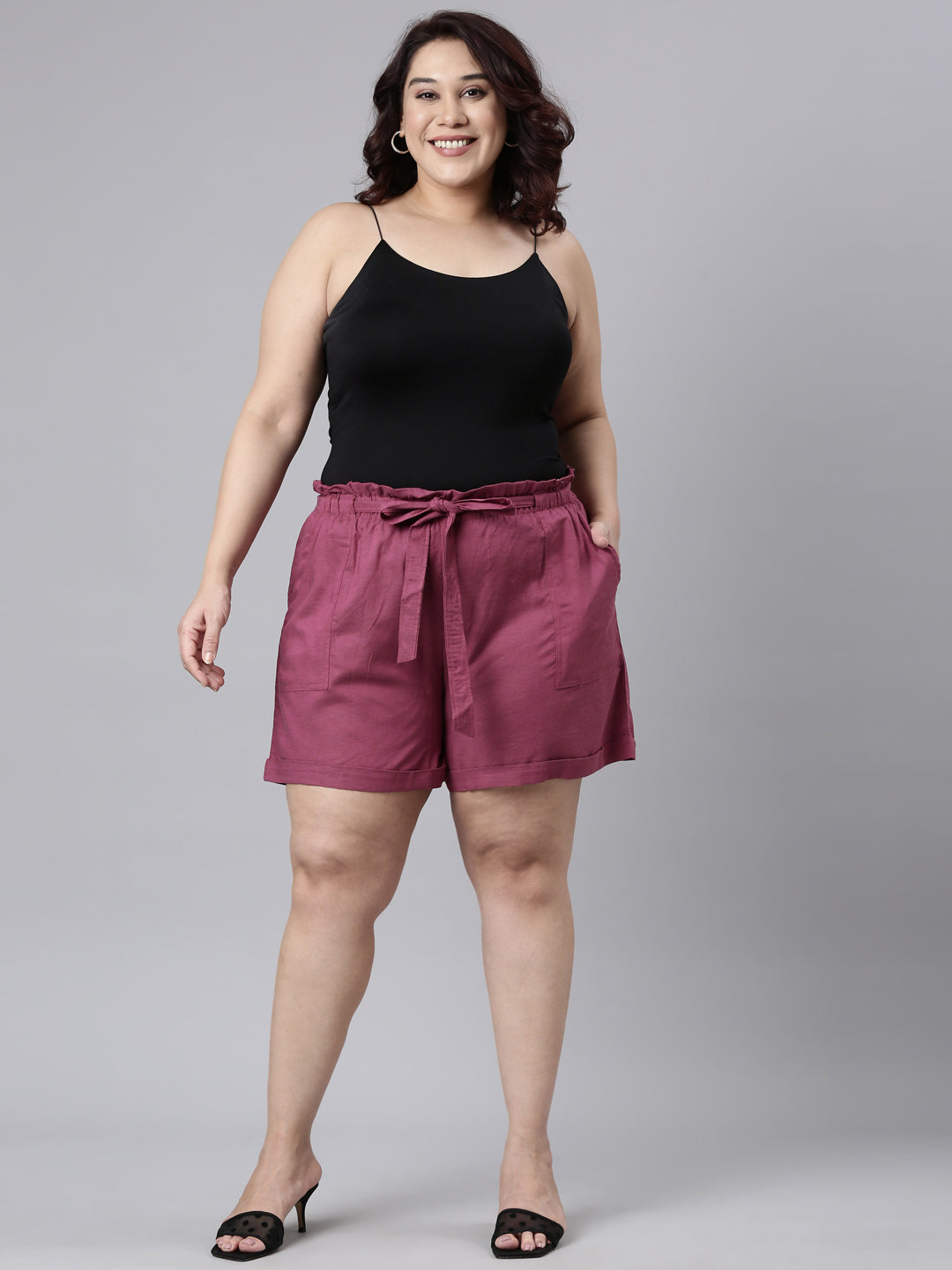 Women Solid Plum High Rise Linen Shorts