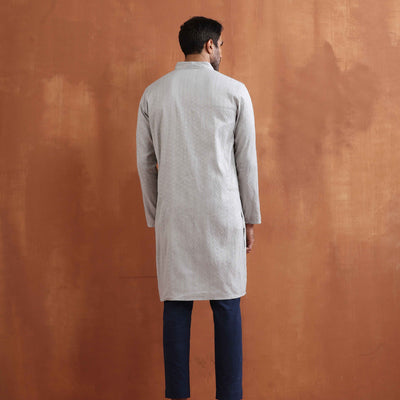 trueBrowns Men's Grey Chanderi Front Open Kurta