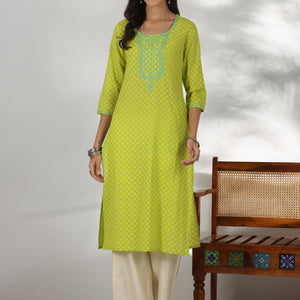 Green Printed Cotton Straight Kurta
