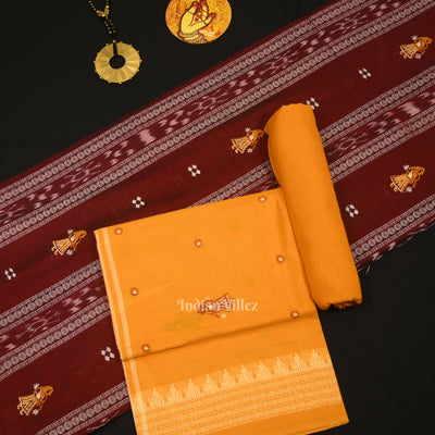 Maroon Yellow Doll Odisha Ikat Sambalpuri Cotton Dress set with Dupatta