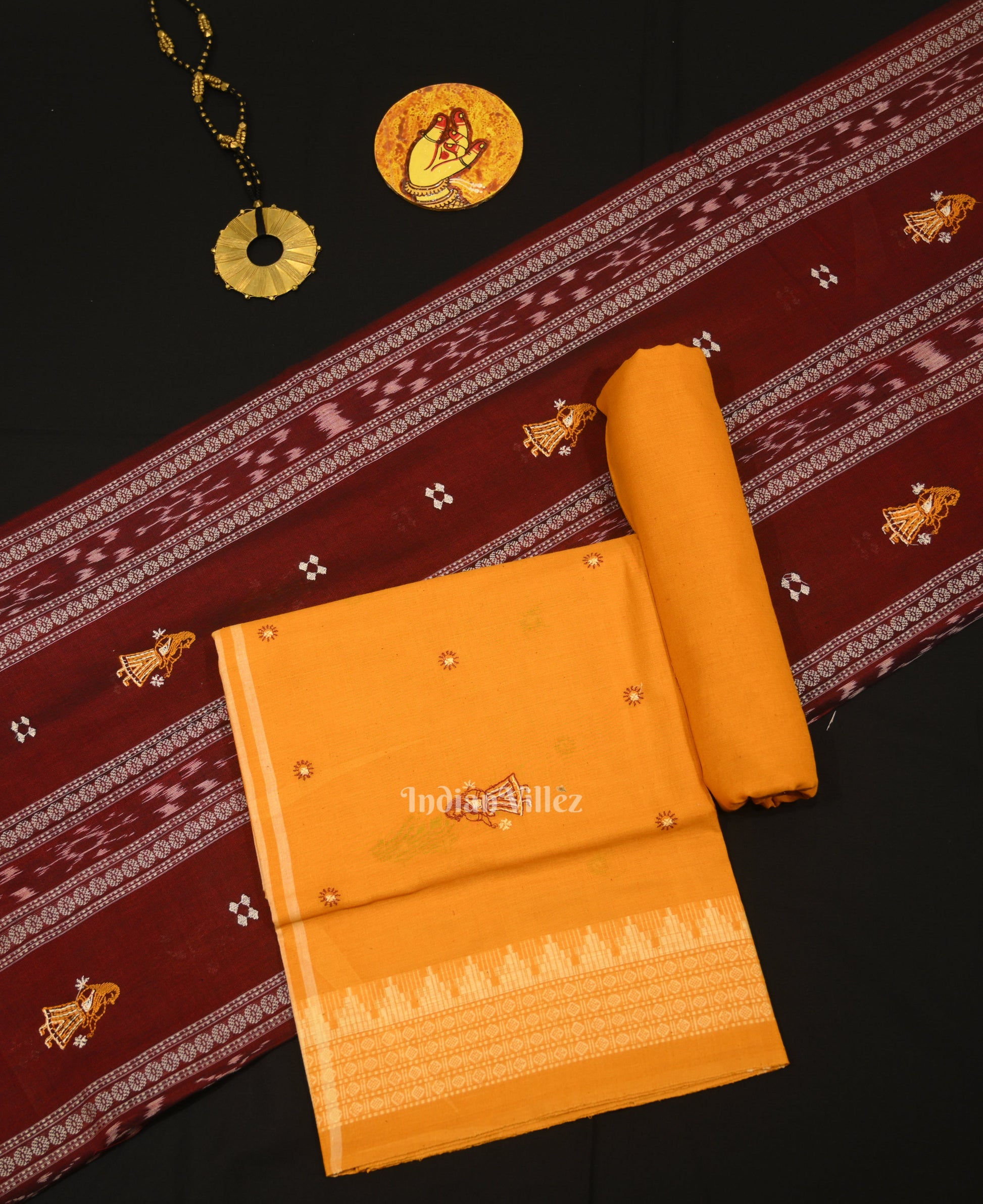 Maroon Yellow Doll Odisha Ikat Sambalpuri Cotton Dress set with Dupatta