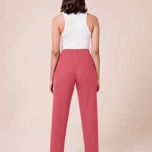 Women Solid Rusty Pink Mid Rise Casual Rib Pants