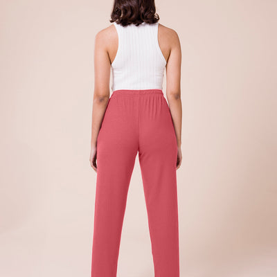 Women Solid Rusty Pink Mid Rise Casual Rib Pants