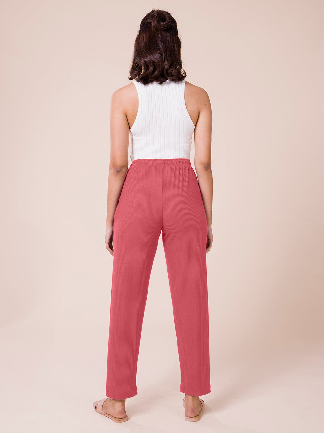 Women Solid Rusty Pink Mid Rise Casual Rib Pants