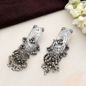 trueBrowns Silver Tone Floral Jhumka Earrings