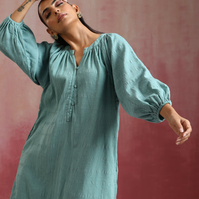 trueBrowns Aqua Blue Cotton Dobby Dress