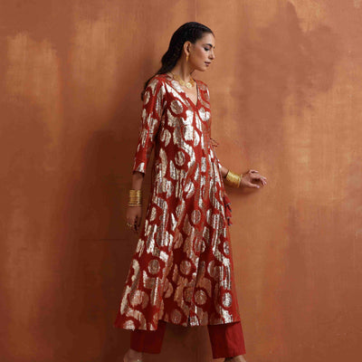 trueBrowns Rust Metallic Angrakha Kurta Set