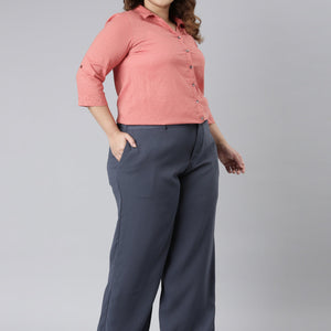 Women Solid Dark Jean Blue High Rise Crepe Wide Pant