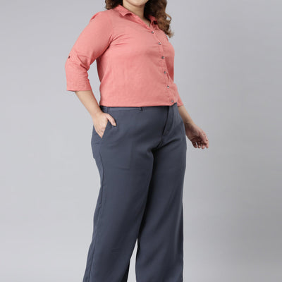 Women Solid Dark Jean Blue High Rise Crepe Wide Pant