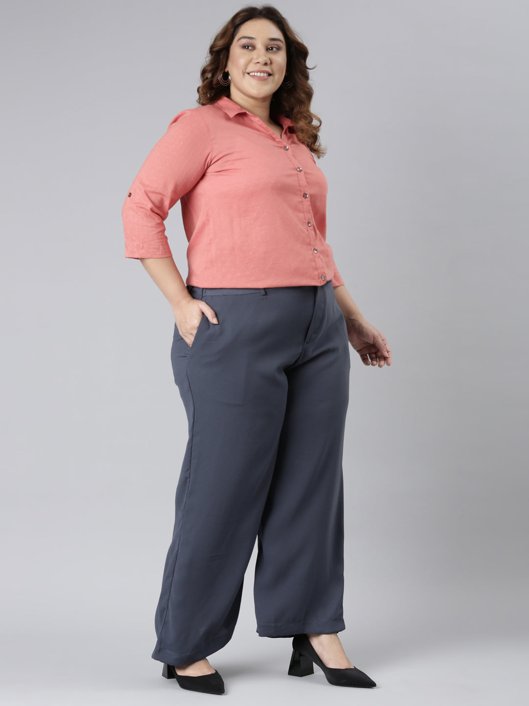 Women Solid Dark Jean Blue High Rise Crepe Wide Pant
