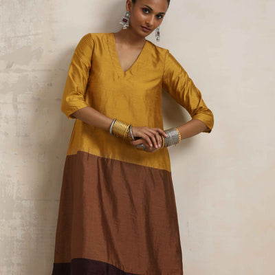 trueBrowns Gold Brown Silk A-line Kurta Set