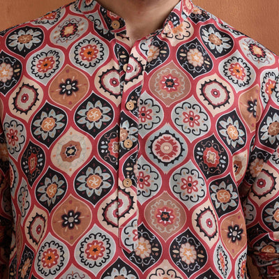 trueBrowns Men's Rust Geometric Printed Kurta