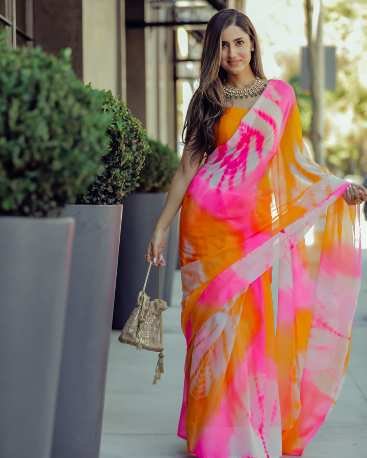 Pink Tulip Tie & Dye Pure Chiffon Saree