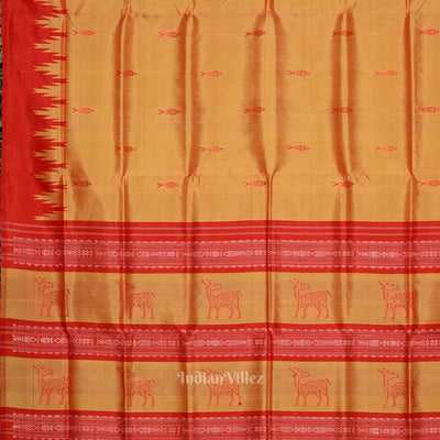 Golden Red Fish Motif Double Pallu Berhampuri Silk Saree