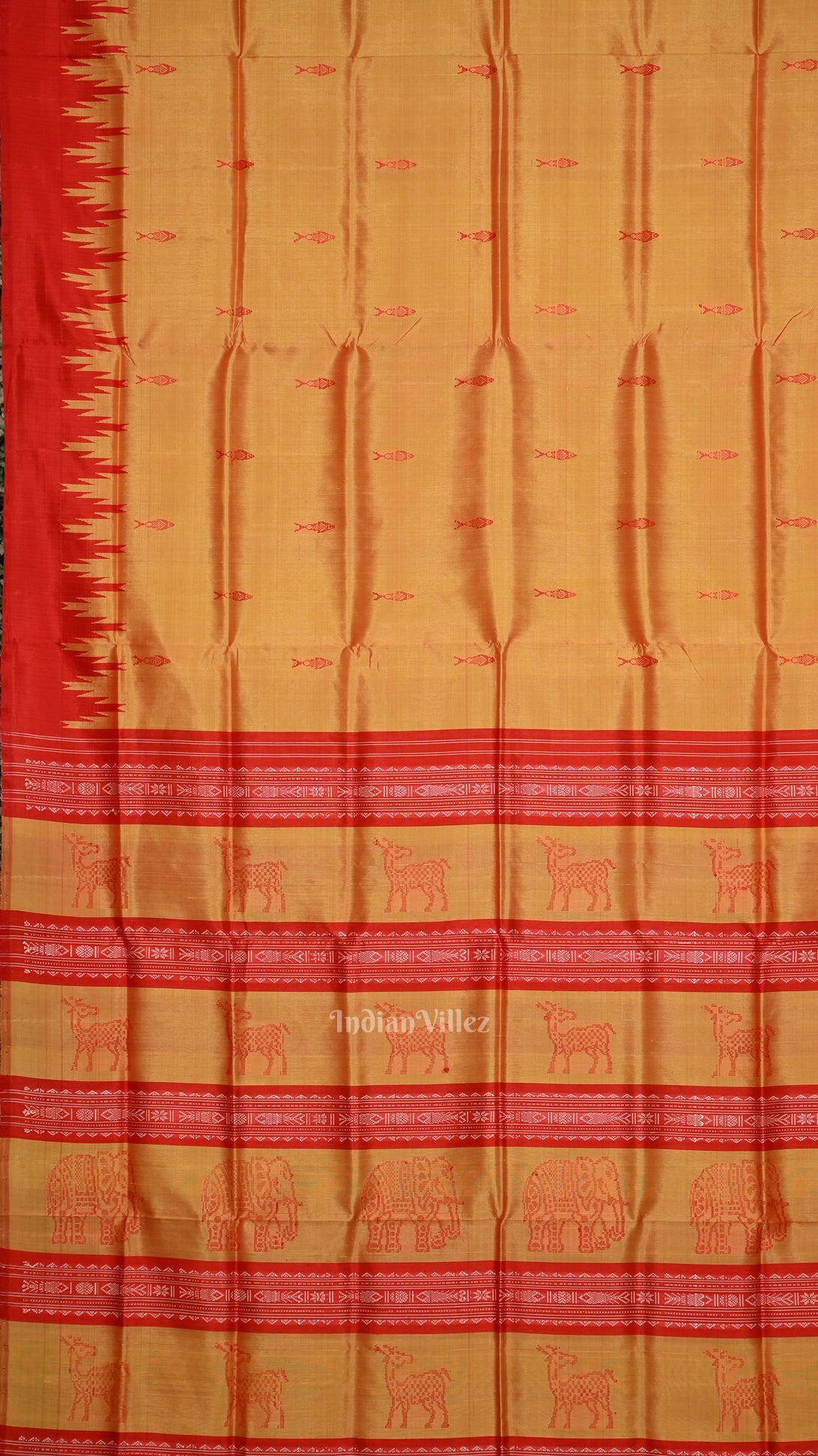 Golden Red Fish Motif Double Pallu Berhampuri Silk Saree