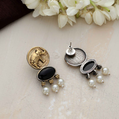 trueBrowns Gold Elephant Embossed Dangle Earrings