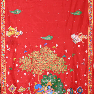 Red White Radha Krishna  Peacock Design Hand-Painted Pattachitra Saree