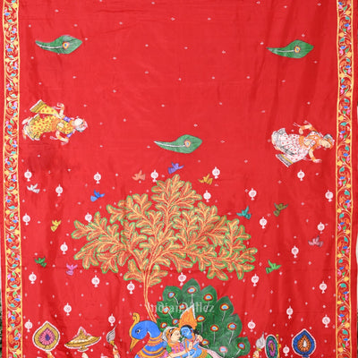 Red White Radha Krishna  Peacock Design Hand-Painted Pattachitra Saree