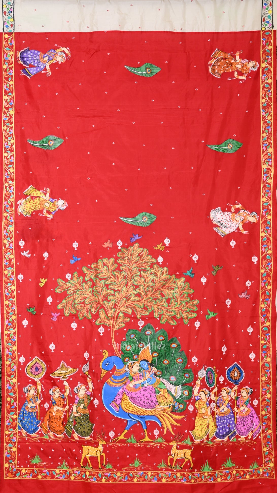 Red White Radha Krishna  Peacock Design Hand-Painted Pattachitra Saree