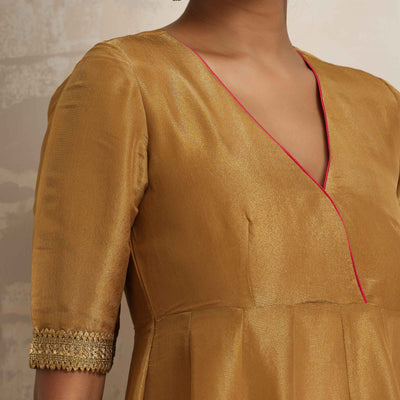 trueBrowns Gold Tissue Flared Anarkali Kurta Set