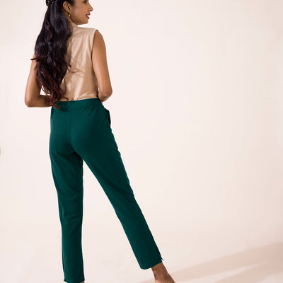 Women Solid Dark Green Cotton Mid Rise Kurti Pants
