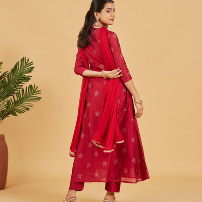 Magenta Red  Festive Kurta Set With Matching Dupatta