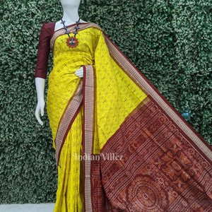 Lemon Yellow Maroon Tribal Theme Sambalpuri Silk Saree