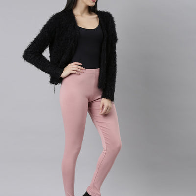 Women Solid Baby Pink Ribbed Warm Leggings