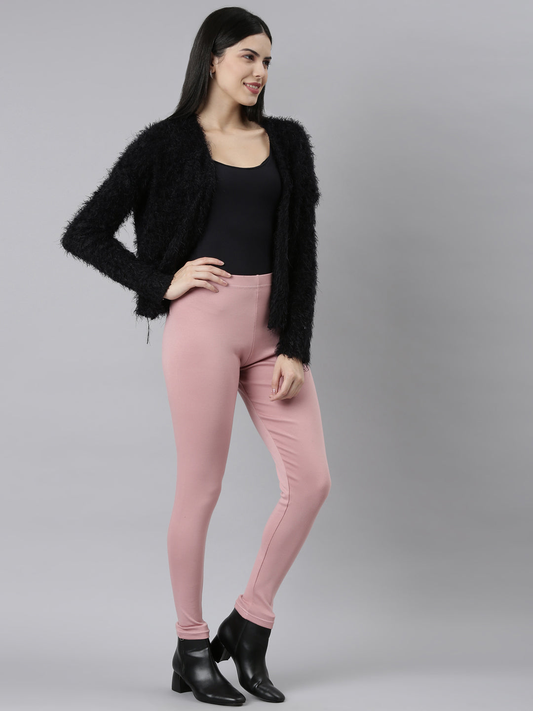 Women Solid Baby Pink Ribbed Warm Leggings