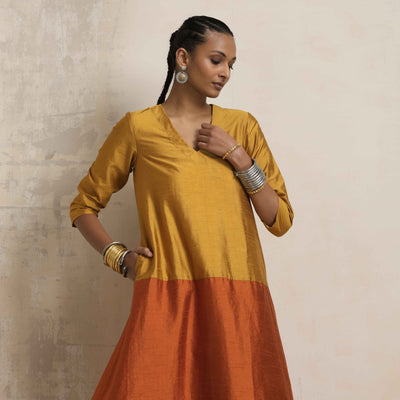 trueBrowns Gold Orange Silk A-line Kurta Set