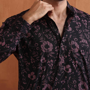 trueBrowns Men's Black Floral Printed Short Kurta