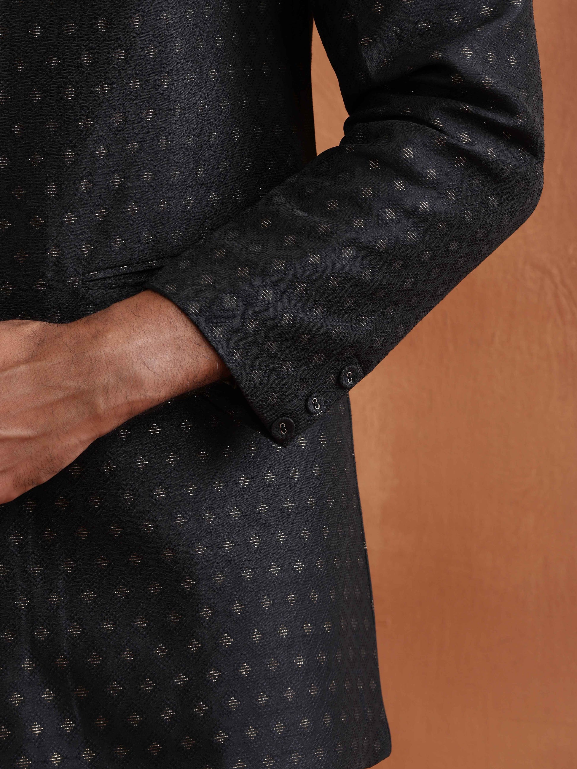 trueBrowns Men's Black Chanderi Long Jacket