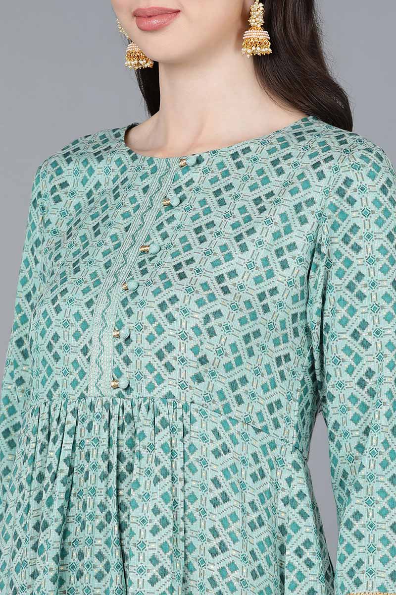 Sea Green Cotton blend Anarkali Kurta Pant With Dupatta VKSKD1463