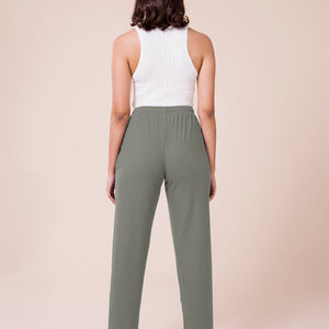 Women Solid Ebony Grey Mid Rise Casual Rib Pants