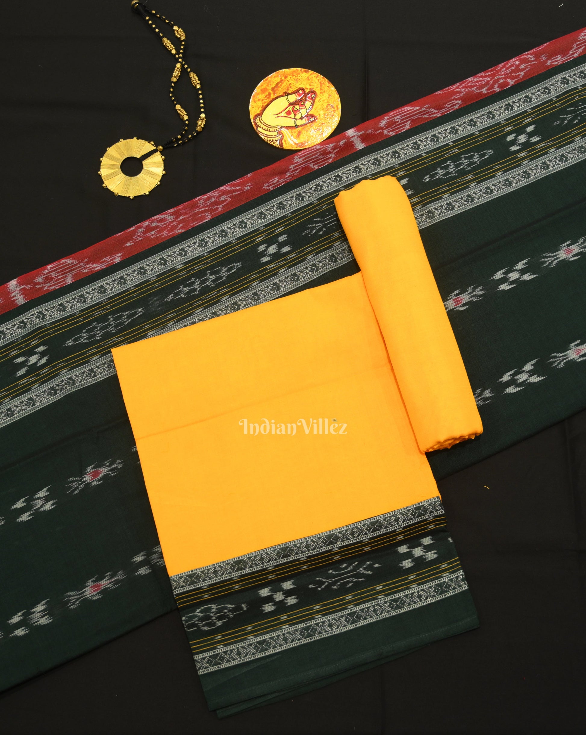 Green Yellow Pasapali Sambalpuri Cotton Dress set with Dupatta