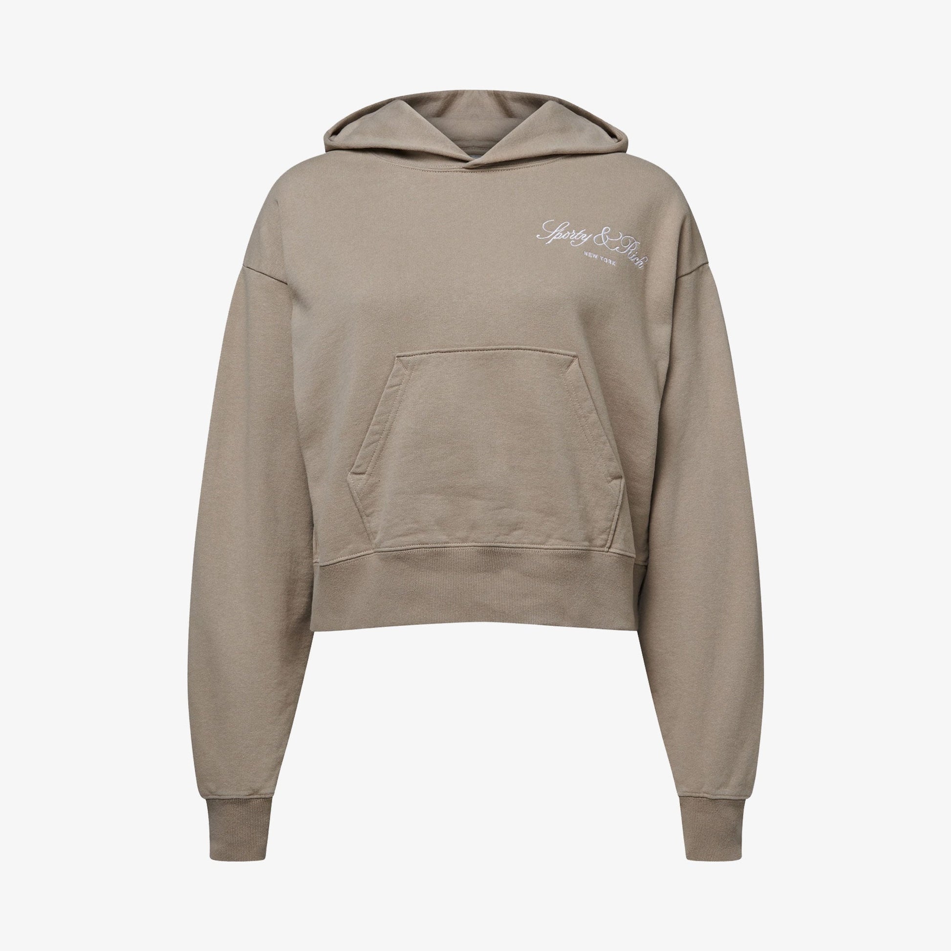 SPORTY & RICH | VENDOME SCRIPT EMBROIDERED CROPPED HOODIE { BEIGE