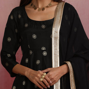 trueBrowns Black Viscose Silk Kurta Dupatta Set
