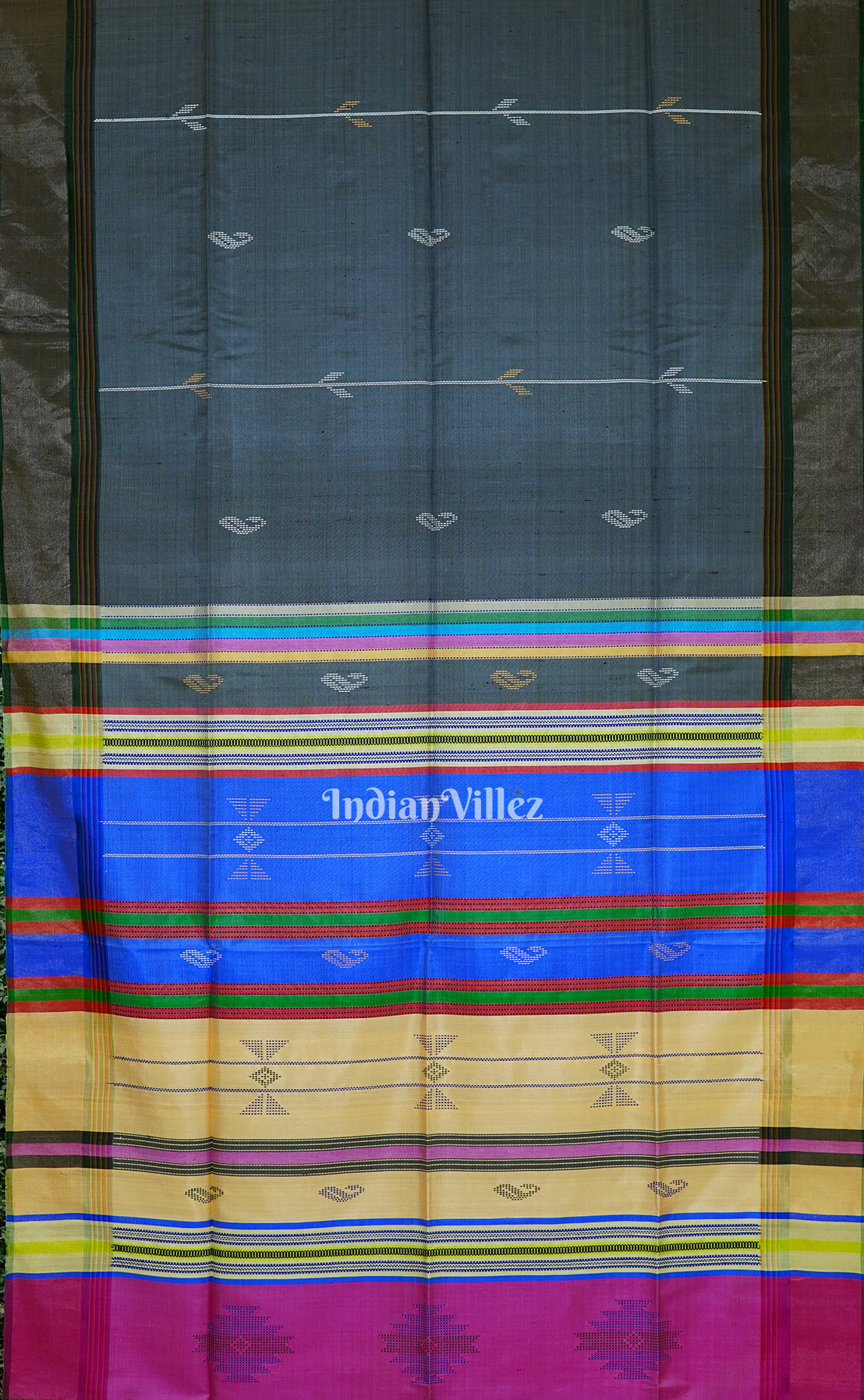 Gray With Multicolor Handwoven Bishnupuri Silk Saree