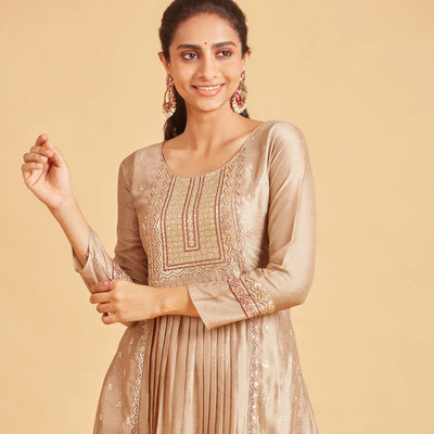 Taupe Kurta Set With Contrast Wine Dupatta