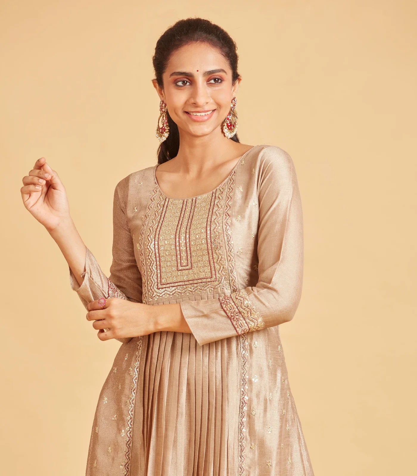 Taupe Kurta Set With Contrast Wine Dupatta