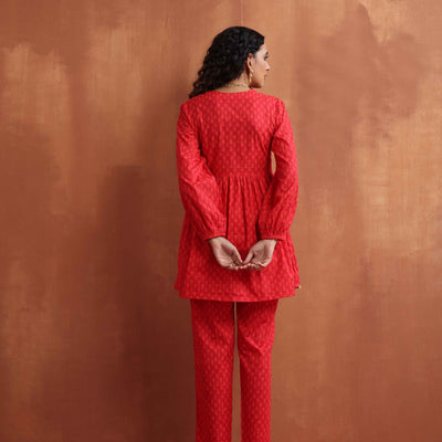 trueBrowns Red Print Angrakha Co-ord Set